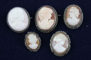 5 X Vintage.  925 Sterling Silver Cameo Brooches Inc Marcasite,  Female Bust (33g)