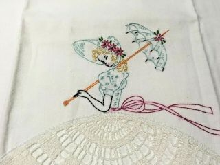 Vtg Single Standard Pillowcase Embroidered Southern Belle Lace Edge Crocheted
