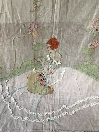 Vintage 1920s Embroidered Women With Flowers Bedspread