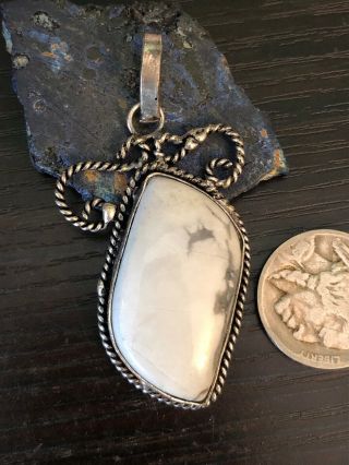 Vintage Native American White Buffalo Turquoise Sterling Silver Rope Pendant 12g