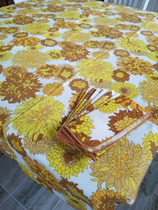 Vintage Tablecloth 12 Napkins Fall Autumn Flowers Yellow Orange Rectangle 72x60