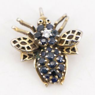Vtg Sterling Silver Sapphire & Cubic Zirconia Insect Bee Pendant Brooch Pin - 5g