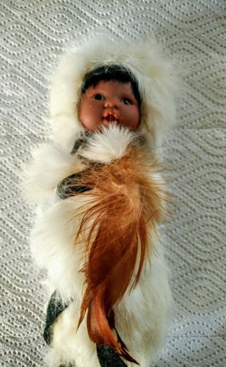 Native American Indian Eskimo Papoose 9” Baby Doll Real Rabbit Fur Bird Feathers
