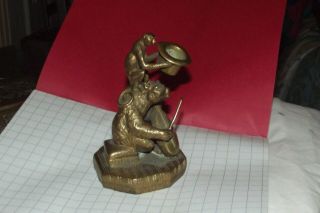 Rare Antique Bronze Bear Playing Cello With Monkey Begging 5 "