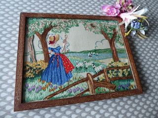 Vintage Hand Embroidered Picture Panel/framed - Crinoline Lady