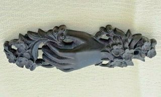 Antique Victorian Carved Bog Wood? Mourning Brooch Pin Clasped Hand Flowers