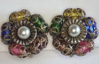 Vintage Miriam Haskell Filigree Pearl Multi Color Glass Bead Flower Earrings