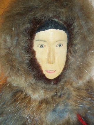 Vintage Alaskan Eskimo Wood Face Doll Handmade Animal Fur Leather Beads 12 "