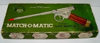 Match - O - Matic Butane Gas Match Pistol Cigarette Lighter & Box National Silver Co