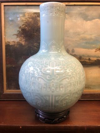 Chinese Duck Egg Blue Glazed Porcelain Vase Archaic Style Underglaze 6 Character