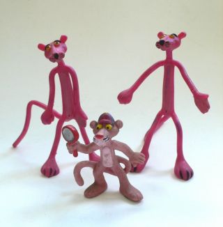 Vintage Bendy Bendie Bendable Cartoon Character Toy Set Pink Panther 1980 