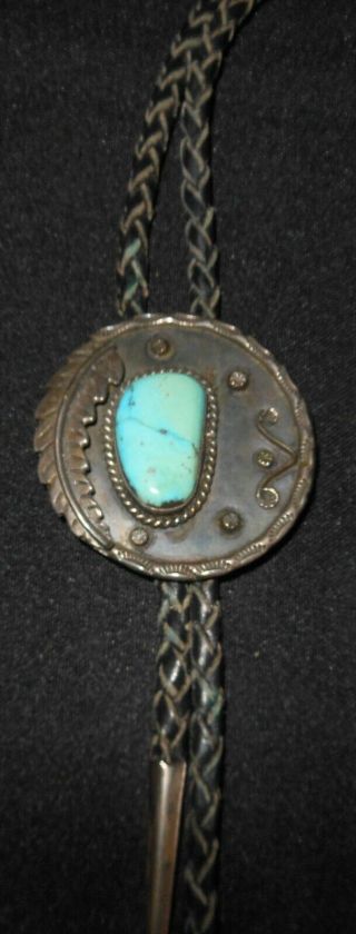 Vintage South Western Style Bolo Tie Old Turquoise Silver Tips