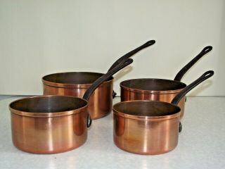 Set 4 Graduated Vintage French Copper Saucepans With Wrought Iron Handles 1072