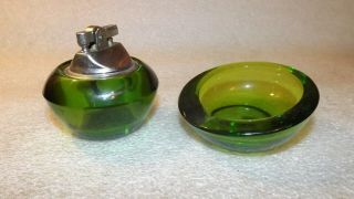 Vintage Mid Century Green Glass Ashtray & Lighter Roly L