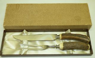 Vtg Voos Stag Antler Handle Meat Knife & Fork Carving Set W Box Solingen Germany