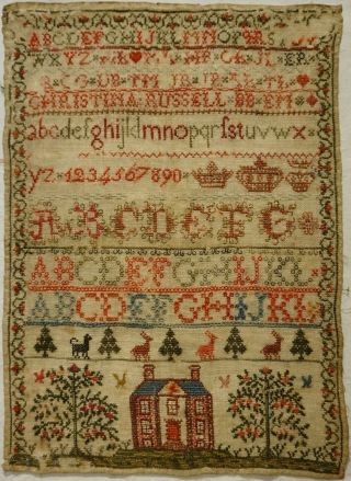 Mid 19th Century House,  Motif & Alphabet Sampler By Christina Russell - C.  1840