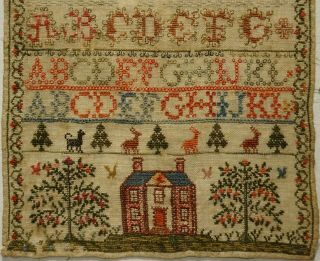 MID 19TH CENTURY HOUSE,  MOTIF & ALPHABET SAMPLER BY CHRISTINA RUSSELL - c.  1840 3