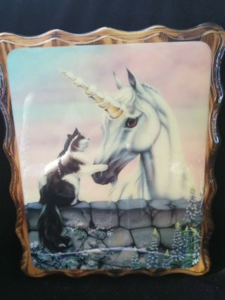 Vintage Unicorn And Cat Picture Sue Dawe Wood Art Lacquered Wall Plaque