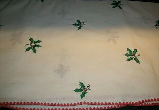 Vintage Christmas Linen Tablecloth Embroidered Holly Berries 118 " X 58 " 1950 
