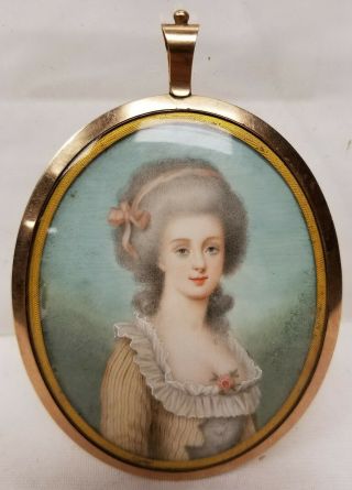Antique Fine Miniature Painting Portrait French Lady 19th Century Gold Cased