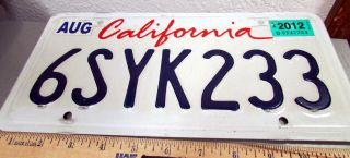 State Of California Lipstick License Plate Embossed Expired 2012 Tags,  6syk233