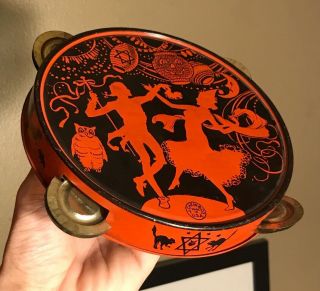Antique J Chein 1920 Halloween Tambourine Tin Toy Bats Cats Witch Owl Noisemaker