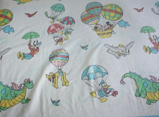Vintage Disney Flat Bed Sheet Dumbo Pete Dragon Pluto Mickey Air Balloon Twinbed