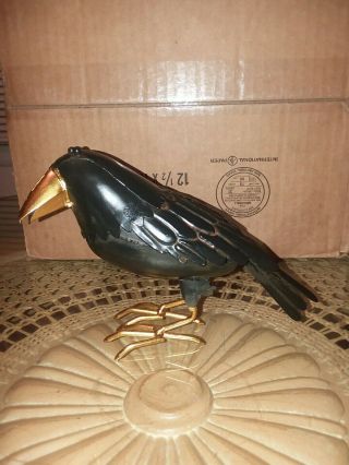 Vintage Metal Black Raven Crow Bird Gold Beak And Feet