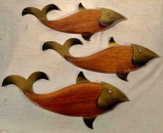 Set Of 3 Vintage Mid Century Modern Mahogany Wood & Copper Fish Wall Hangings
