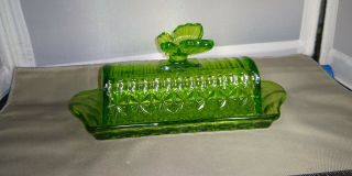 Vintage Green Glass Circleware Butterfly Butter Dish Diamond Pattern