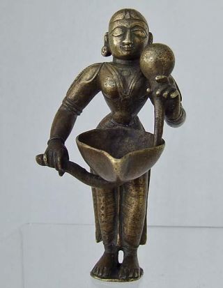 Antique Indian Bronze Hindu Goddess Lakshmi Oil Lamp 16th - 18th Century India