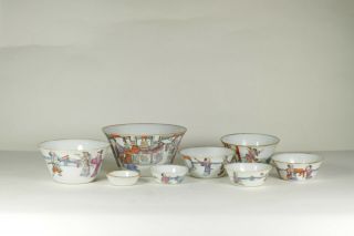 Antique Chinese Qing Dynasty 19th Century Set Of 8 Nesting Bowls Famille Rose