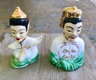 Vintage Mid Century Asian Chinese Man Woman Ceramic Bust Figurines