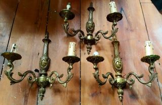 Set Of 3 French Vintage 2 Double Arm Shabby Chic Brass Wall Lights Lamps Sconce