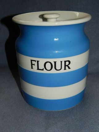 Lge Vintage Blue & White T G Green Cornish Ware Flour Storage Jar Black Shield