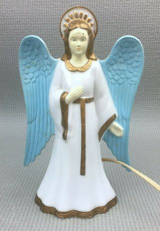 Vintage Gem 8 " Hard Plastic Angel Lighted Blue Wings Gold Accents Table Tree Top