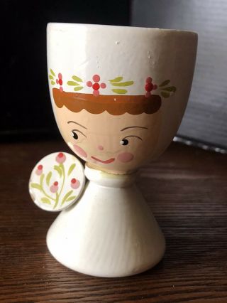 Vintage Wooden Russian Bride Princess Woman Egg Cup By Lexi 3”h White & Floral