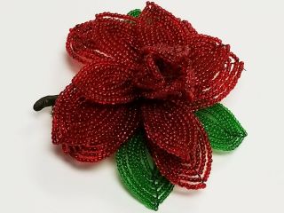 Antique Victorian French Glass Seed Bead Red Flower Green Leaves Pin Brooch