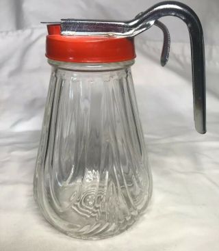 Vintage Glass Syrup Pitcher With Red Top
