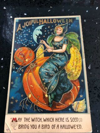 Vintage Halloween Postcard Pretty Witch Riding Pumpkin Broom