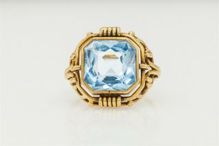 Antique Art Deco Etruscan 7ct French Cut Natural Aquamarine 14k Yellow Gold Ring