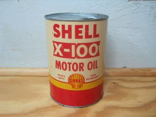 Vintage Shell X - 100 Motor Oil Metal Quart Can Petroliana Gas & Oil Great Graphic