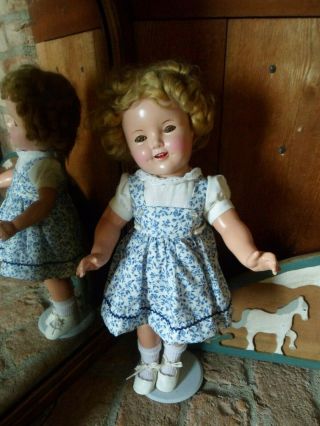Vintage 18 " Ideal Shirley Temple Composition Doll With Blue Printed Dress