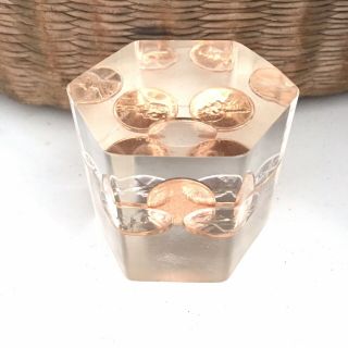 Vintage Lucite Paperweight Hexagon Clear Wheat Penny 1950 