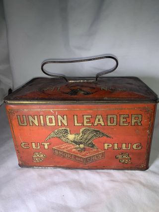 Union Leader Cut Plug Lunch Box Tobacco Tin Antique Advertising,  Item