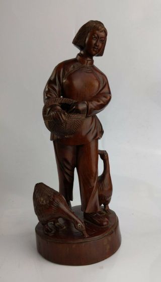 Chinese Cultural Revolution carved hard wood Figure of a woman feeding Geese 3