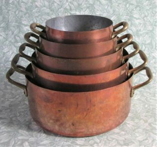 Vintage French Set 5 Double Handle Copper Pans Saucepans Cooking Pots Tin Lined