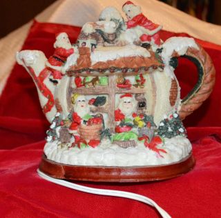 Vintage Christmas Lighted Teapot House With Santa Claus All Over