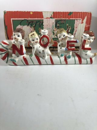 Vtg Christmas Relco Noel Candle Holder Angels On Candy Cane Sled 1950s Japan Box