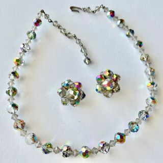 Vintage Watermelon Gray Ab Crystal Bead Necklace & Cluster Earrings Set 825